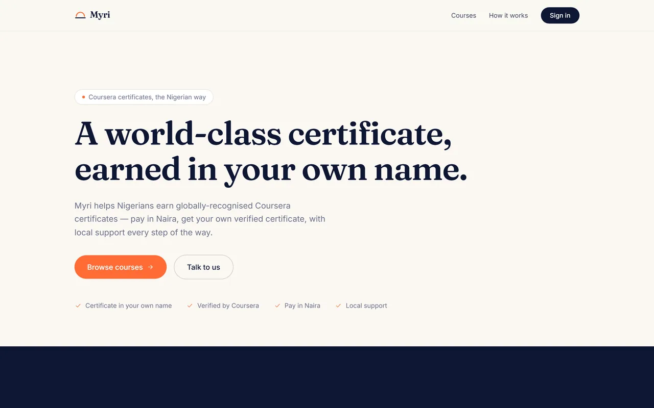 The Myri home page offering Coursera certificates priced in Naira